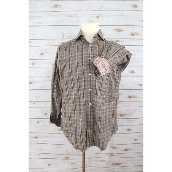 Thomas Dean Men's size L L/S Button-Front purple yellow Plaid Flip Cuff paisley - Picture 2 of 8